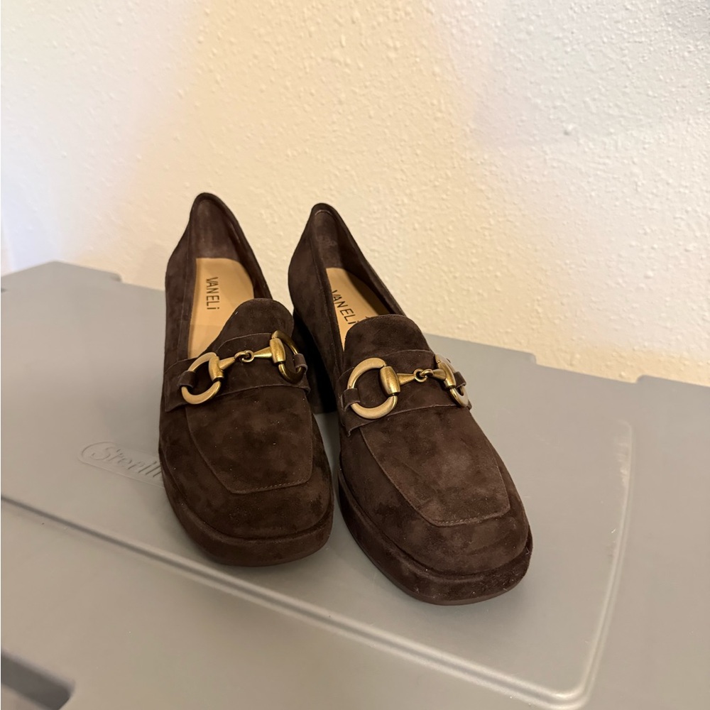 Vaneli Dark Brown Suede Loafers with Gold Detail
